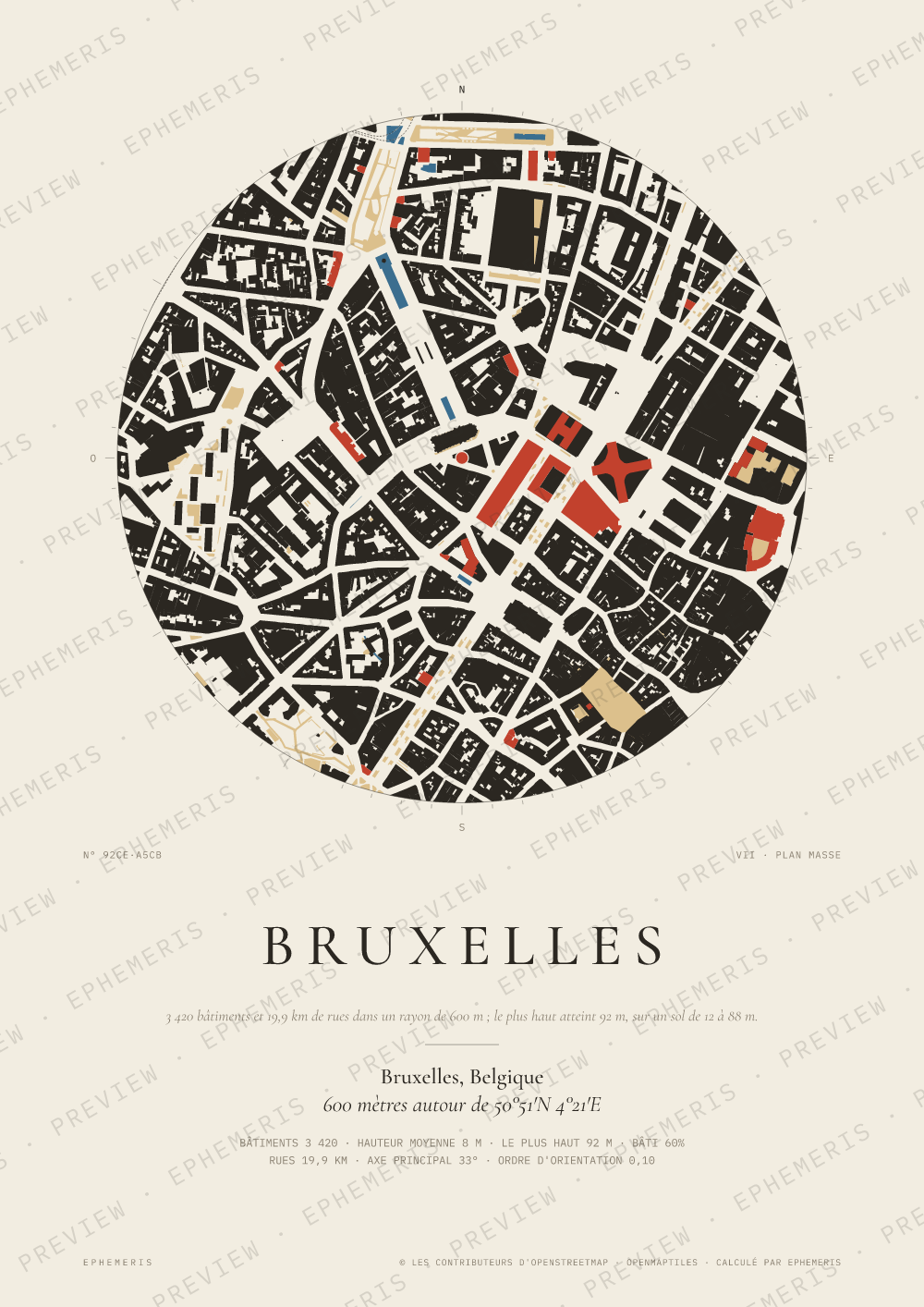 Affiche carte de Bruxelles : la ville dessinée en plan