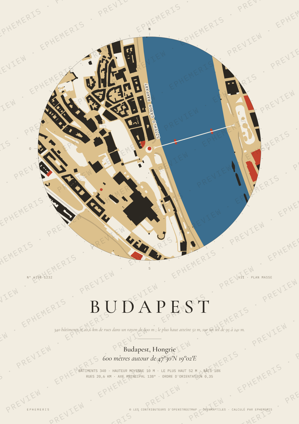 Affiche carte de Budapest : la ville dessinée en plan