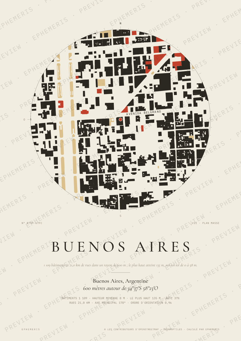 Affiche carte de Buenos Aires : la ville dessinée en plan