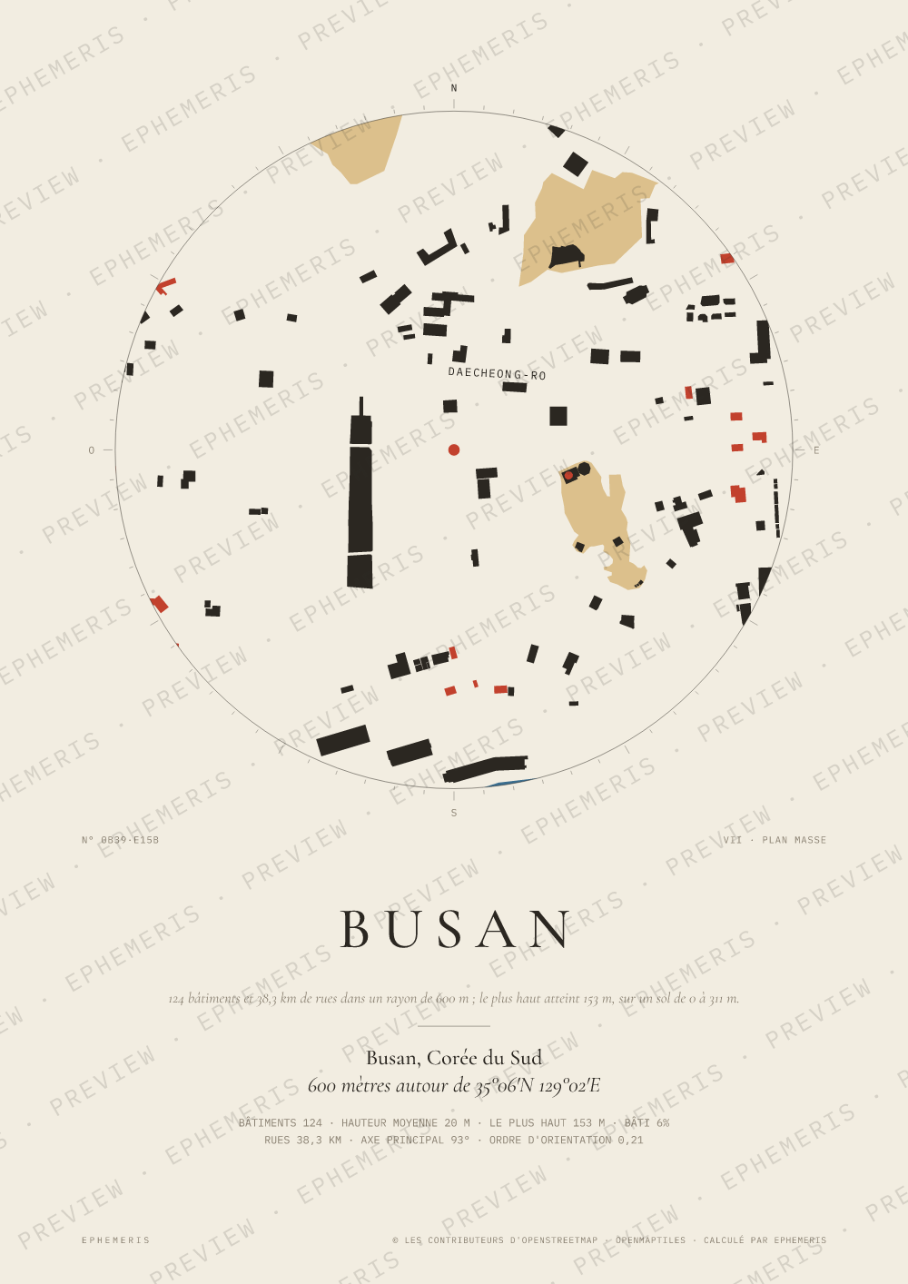 Affiche carte de Busan : la ville dessinée en plan