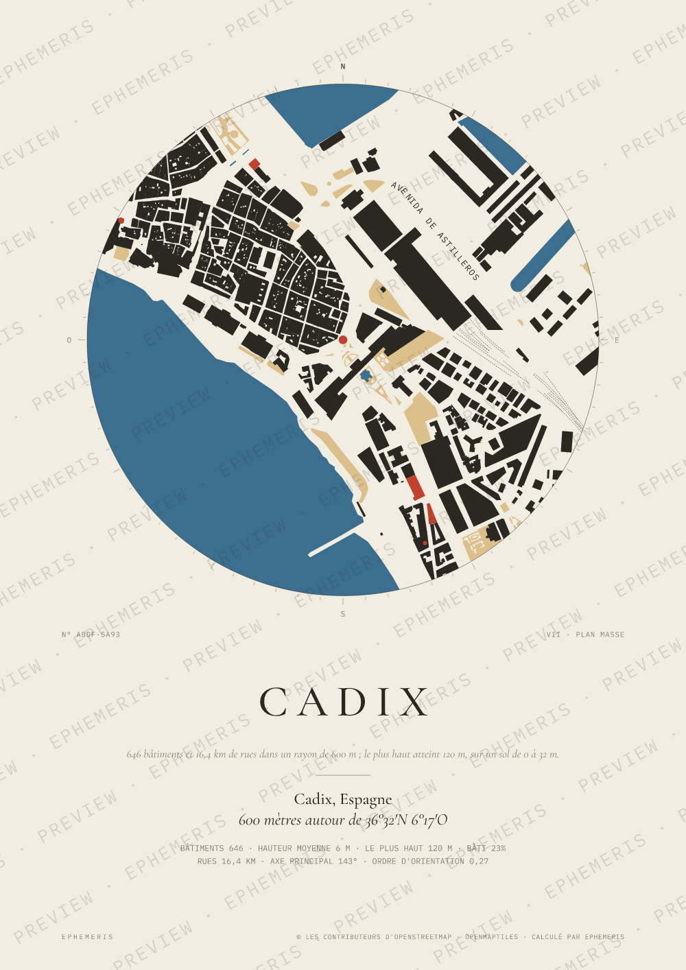 Affiche carte de Cadix : la ville dessinée en plan
