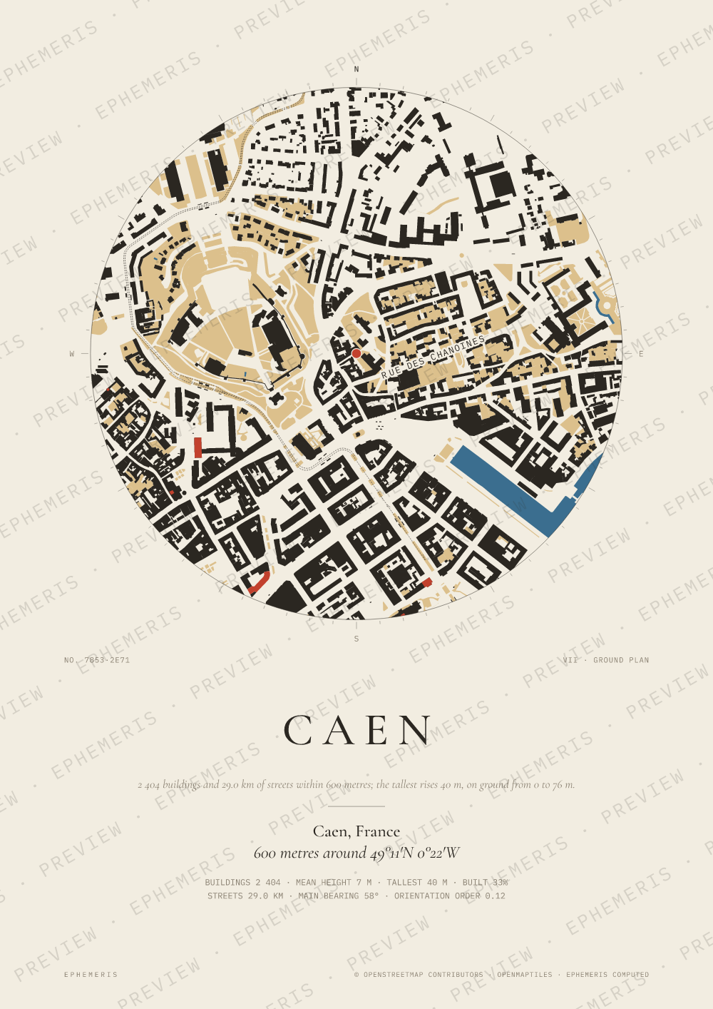 Caen map poster: the city drawn as a plan