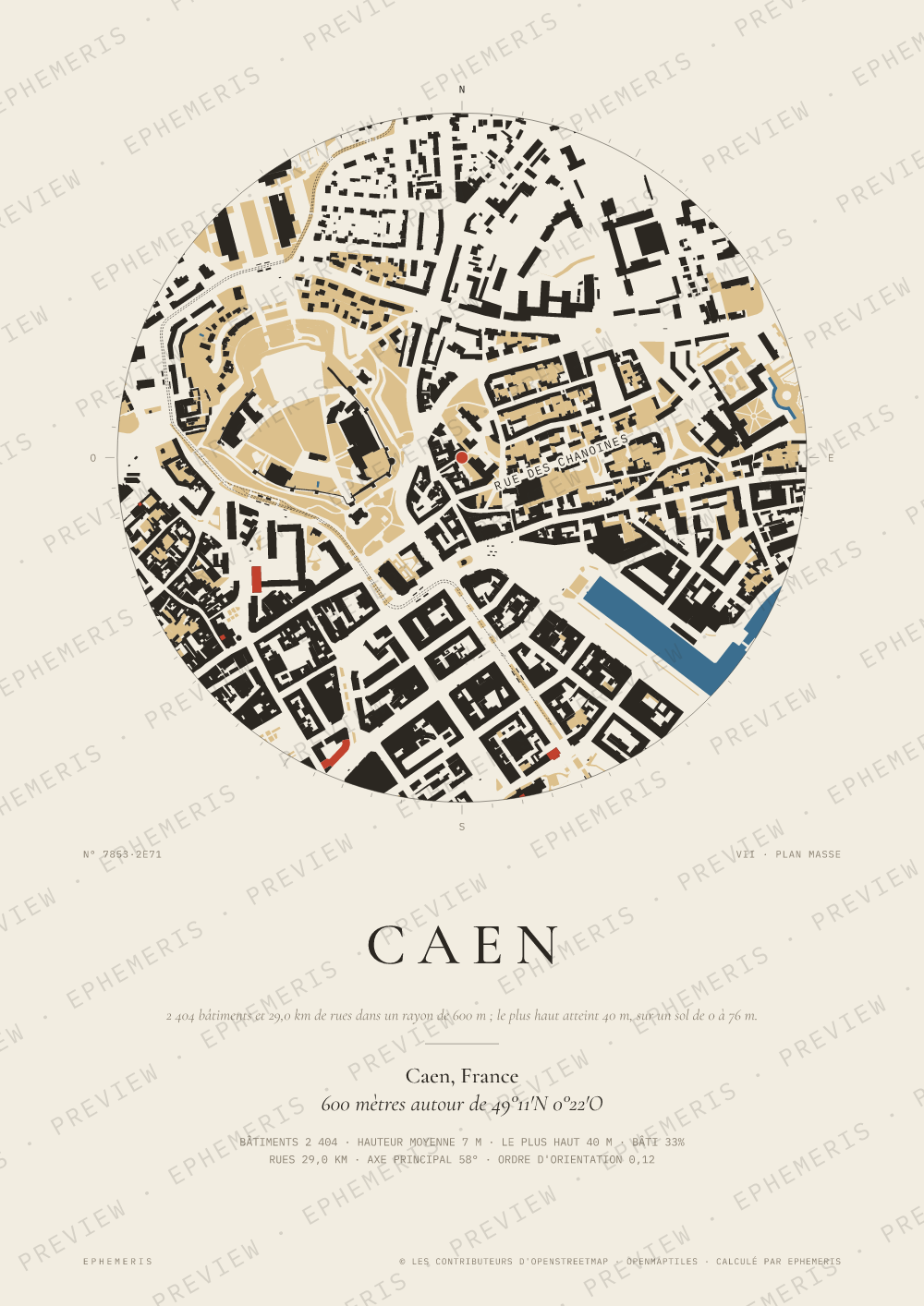 Affiche carte de Caen : la ville dessinée en plan