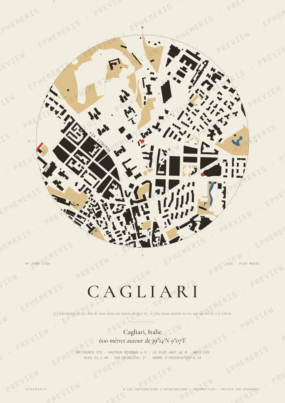 Affiche carte de Cagliari : la ville dessinée en plan