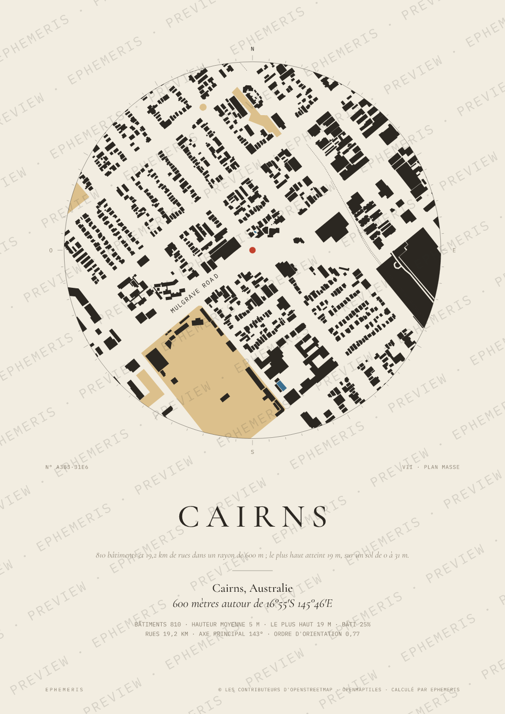 Affiche carte de Cairns : la ville dessinée en plan