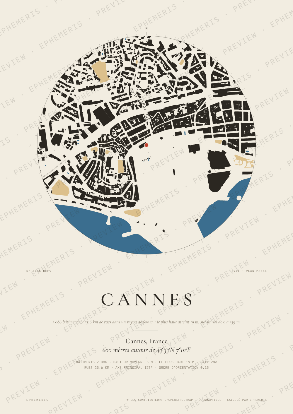 Affiche carte de Cannes : la ville dessinée en plan