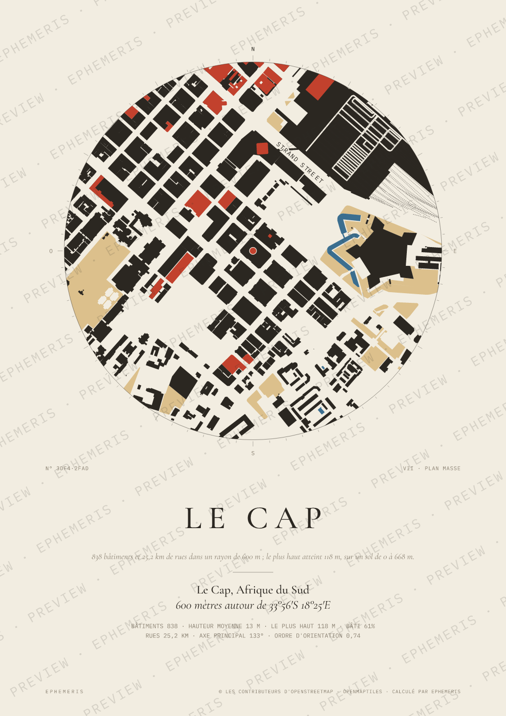 Affiche carte de Le Cap : la ville dessinée en plan