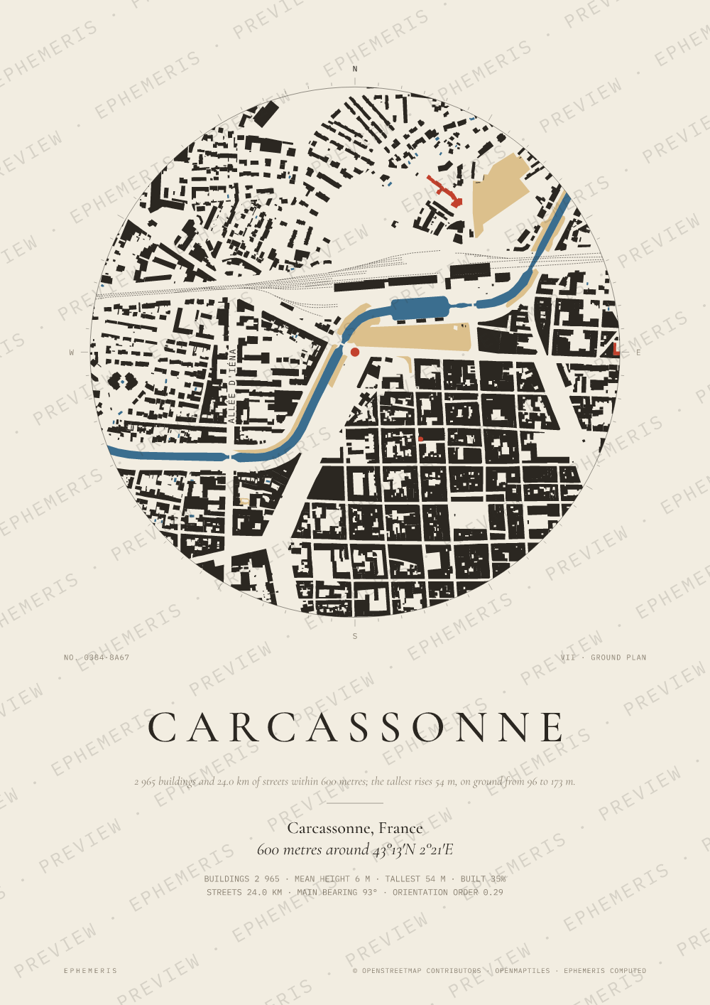 Carcassonne map poster: the city drawn as a plan