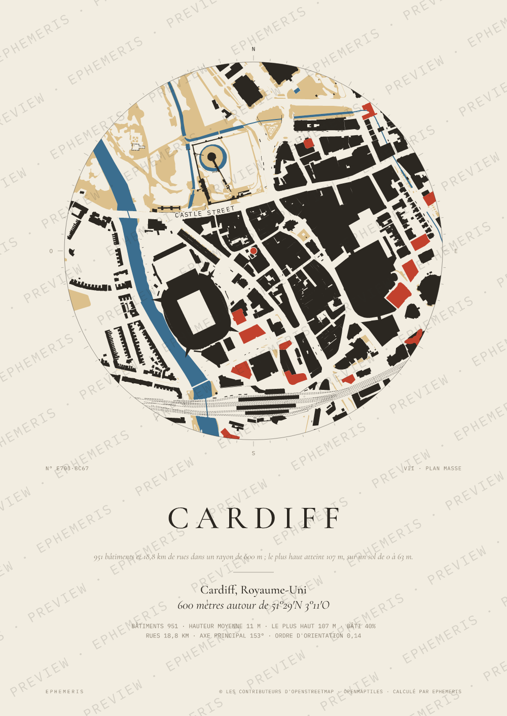 Affiche carte de Cardiff : la ville dessinée en plan