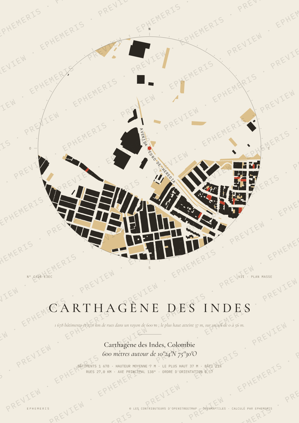Affiche carte de Carthagène des Indes : la ville dessinée en plan