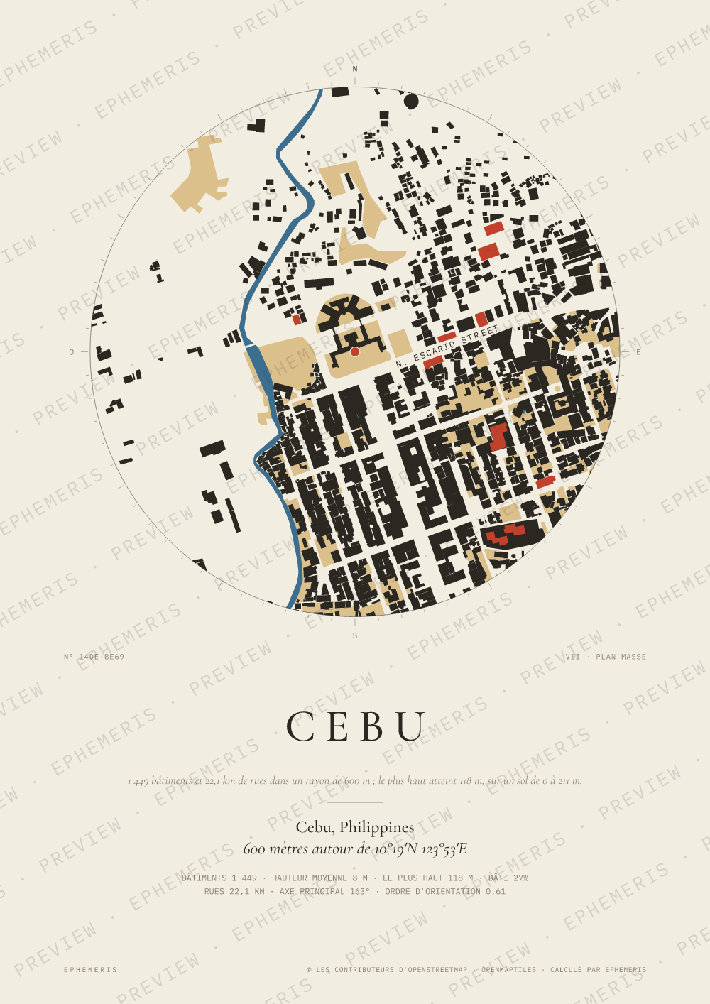Affiche carte de Cebu : la ville dessinée en plan
