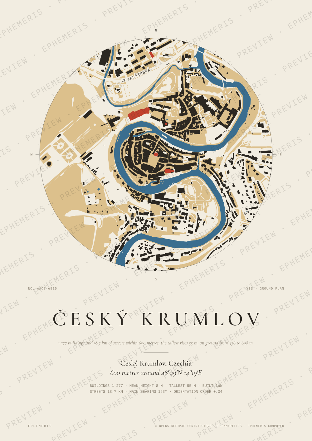 Český Krumlov map poster: the city drawn as a plan