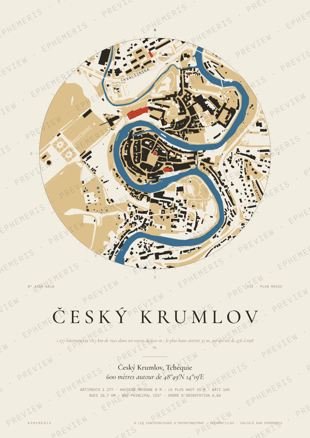 Affiche carte de Český Krumlov : la ville dessinée en plan