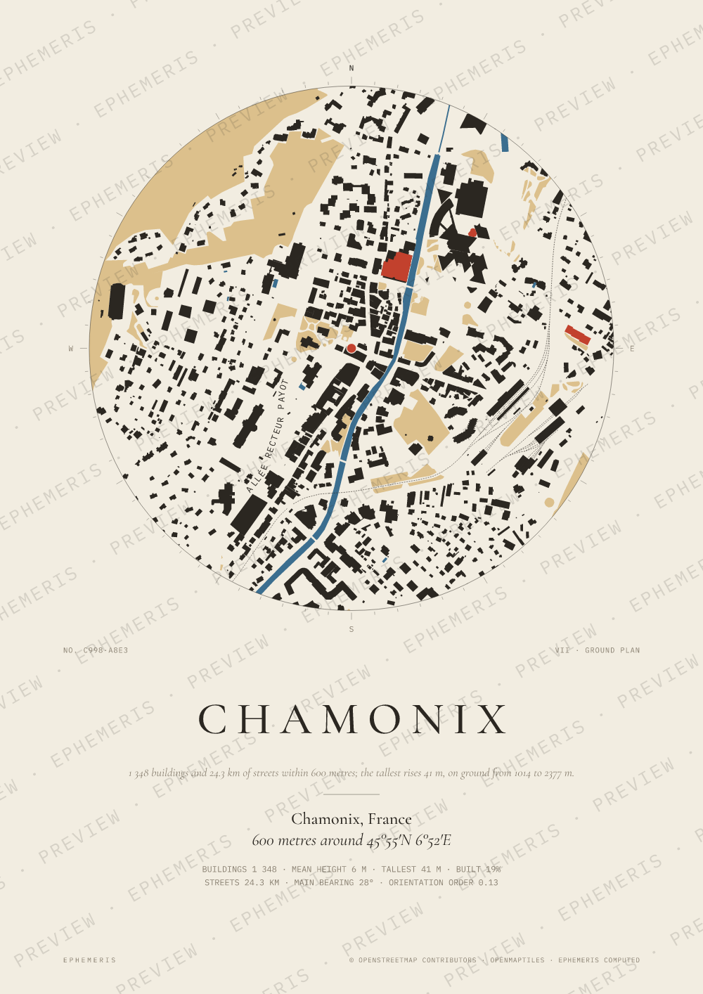 Chamonix map poster: the city drawn as a plan