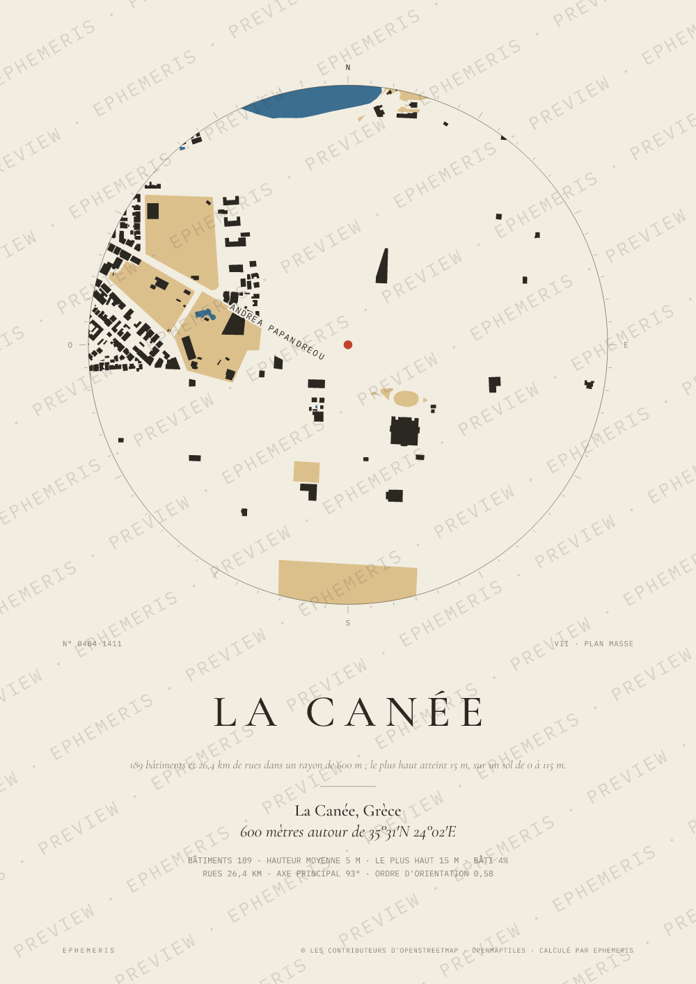 Affiche carte de La Canée : la ville dessinée en plan
