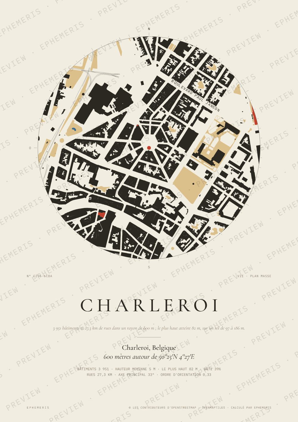 Affiche carte de Charleroi : la ville dessinée en plan