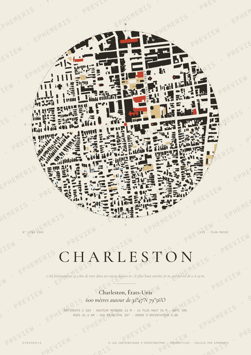 Affiche carte de Charleston : la ville dessinée en plan