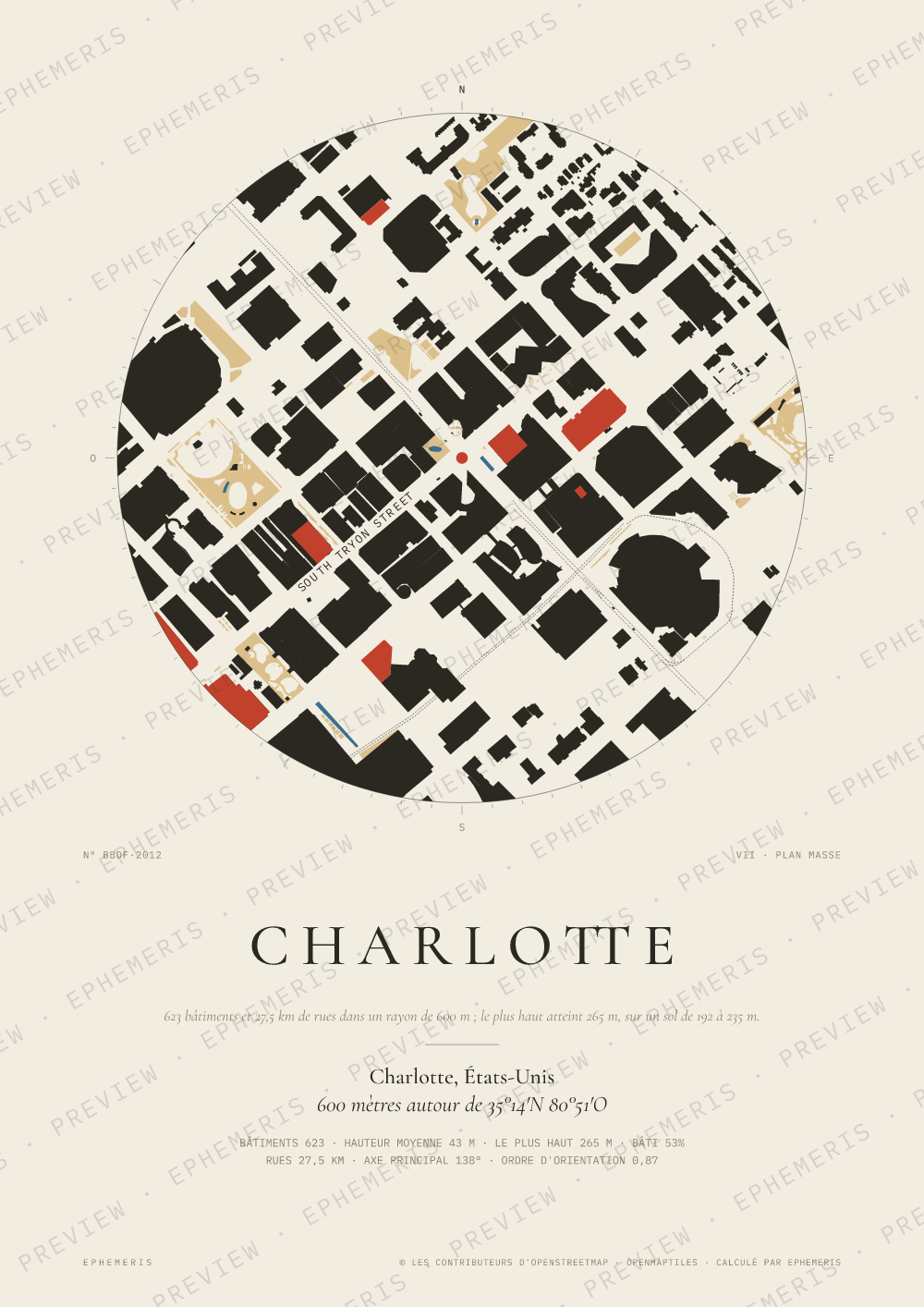 Affiche carte de Charlotte : la ville dessinée en plan