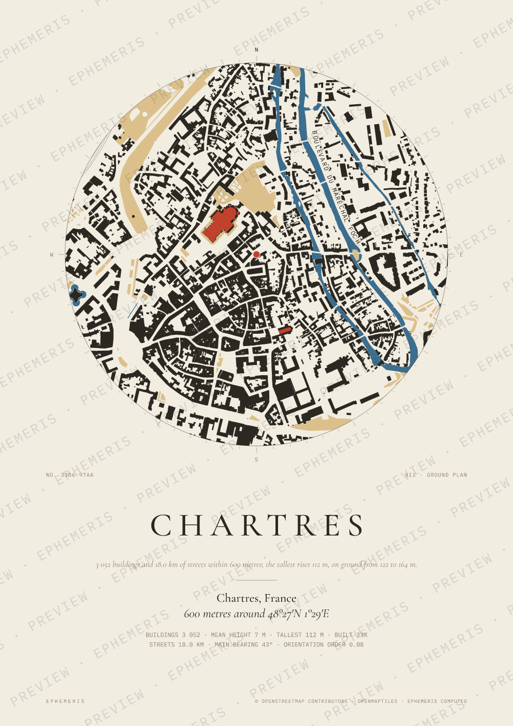 Chartres map poster: the city drawn as a plan