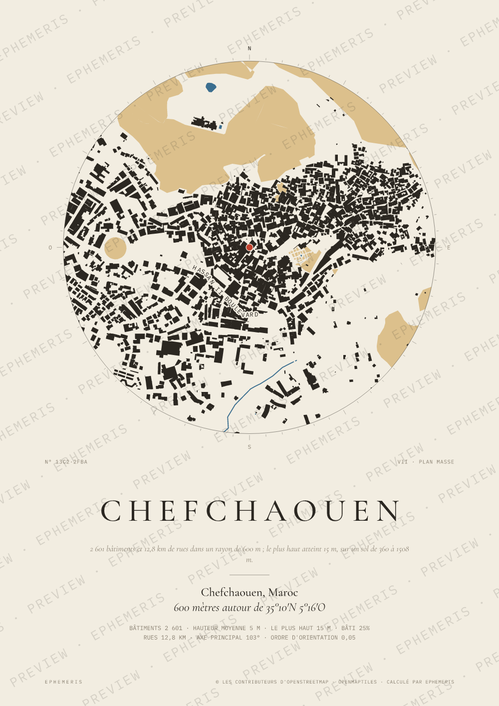 Affiche carte de Chefchaouen : la ville dessinée en plan