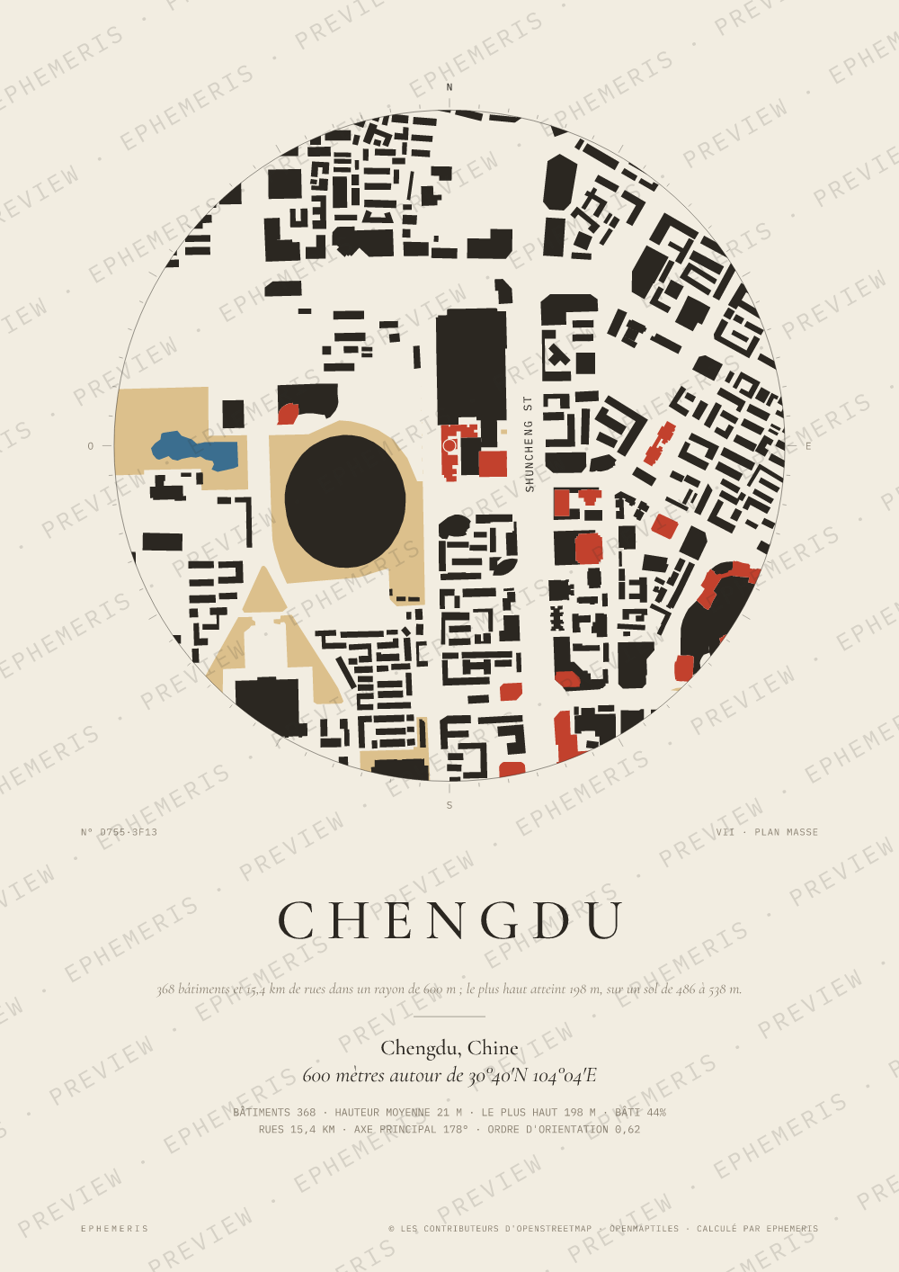 Affiche carte de Chengdu : la ville dessinée en plan