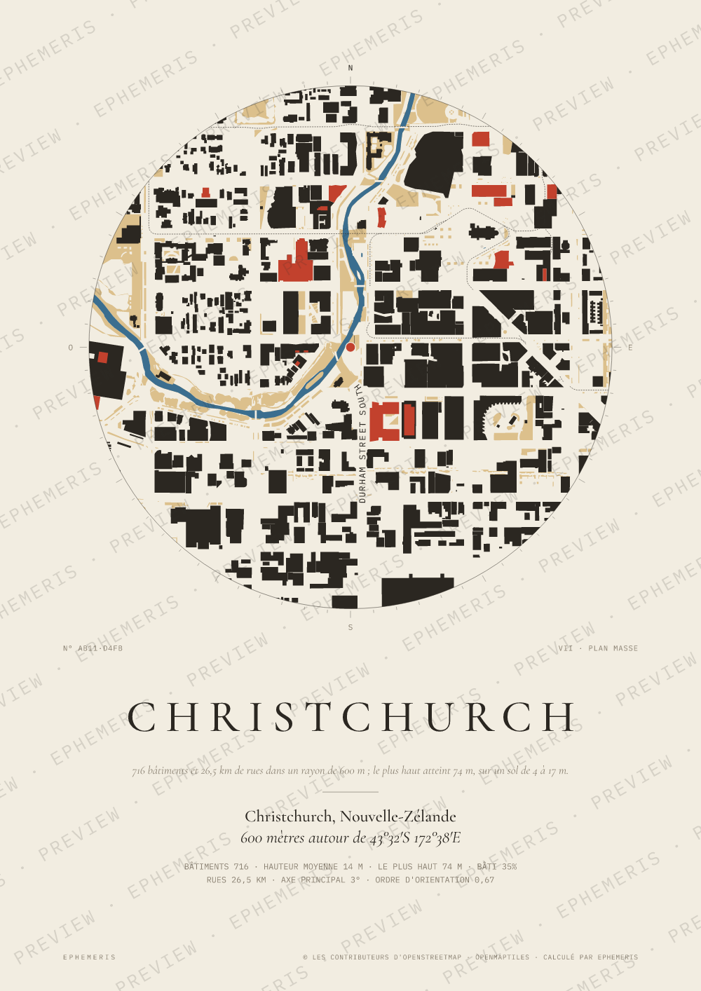 Affiche carte de Christchurch : la ville dessinée en plan
