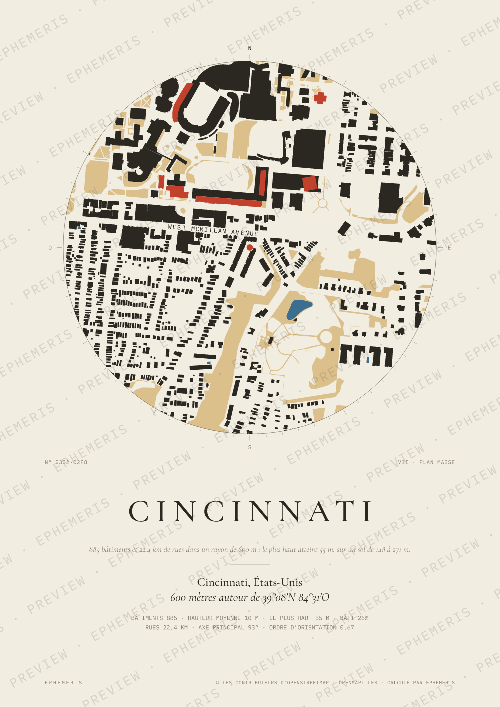 Affiche carte de Cincinnati : la ville dessinée en plan