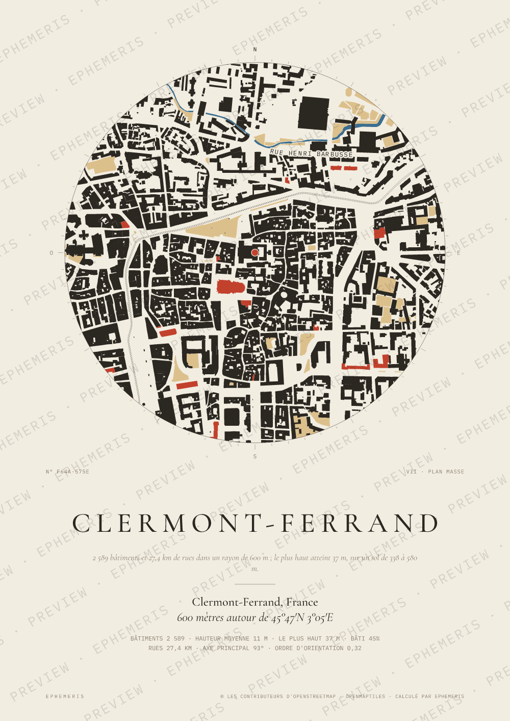 Affiche carte de Clermont-Ferrand : la ville dessinée en plan