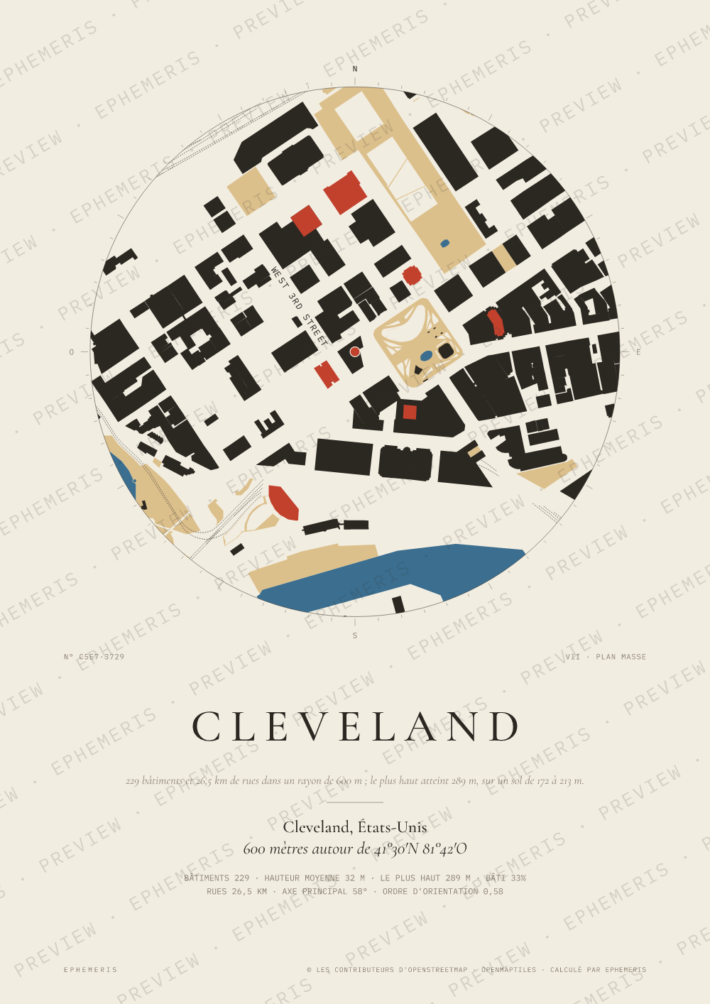 Affiche carte de Cleveland : la ville dessinée en plan