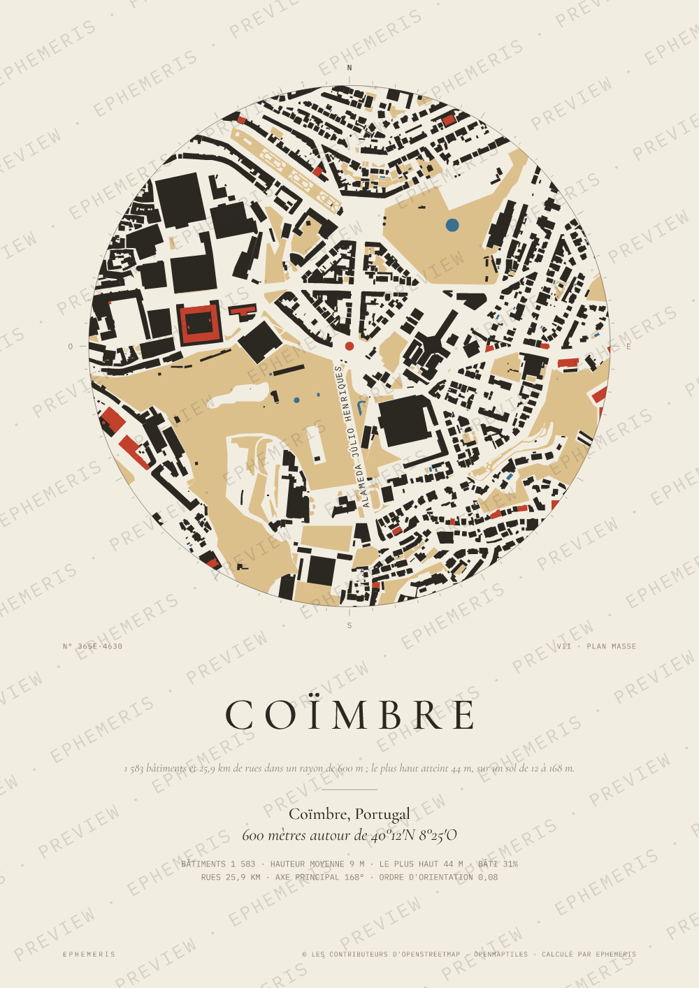 Affiche carte de Coïmbre : la ville dessinée en plan