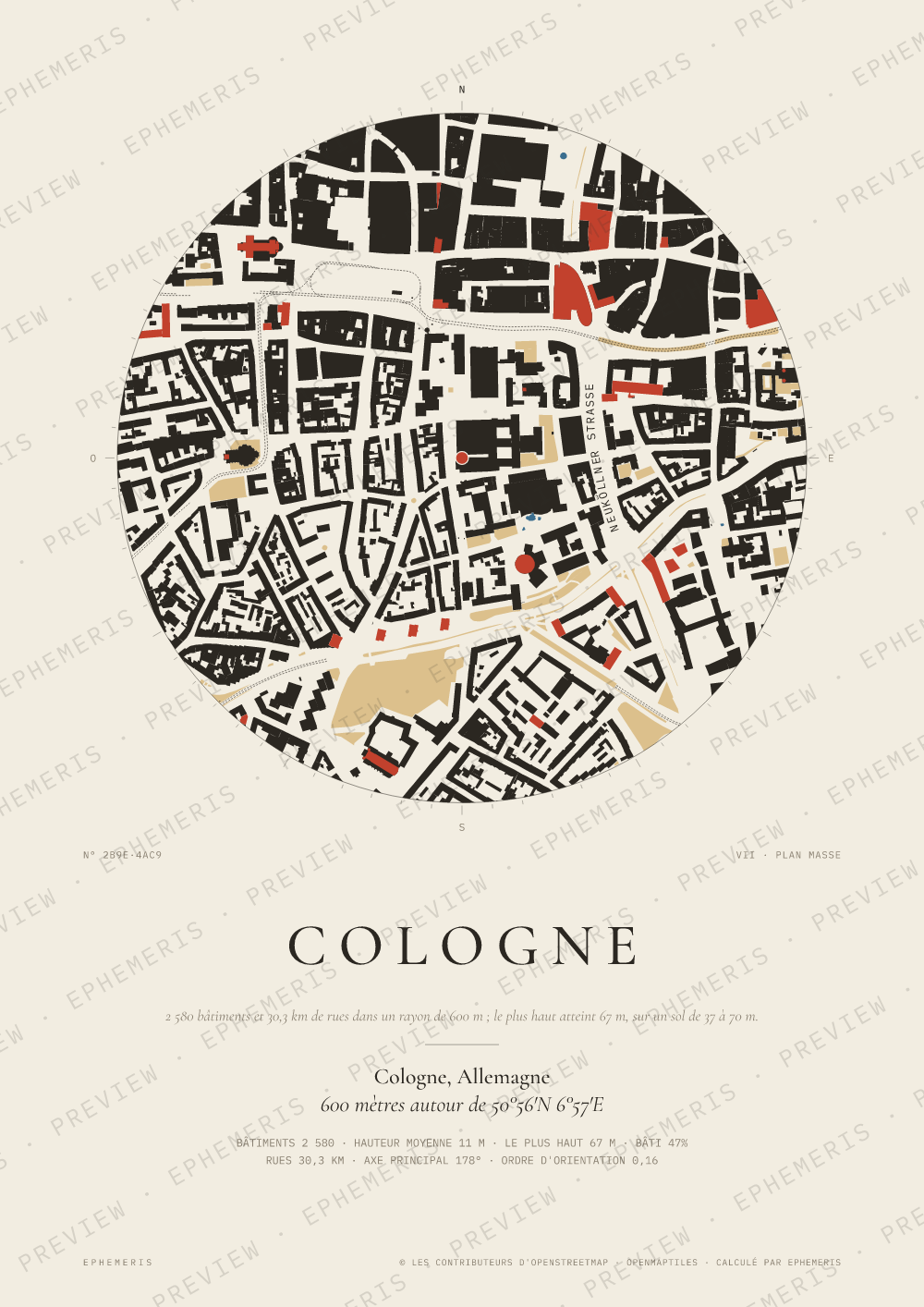 Affiche carte de Cologne : la ville dessinée en plan