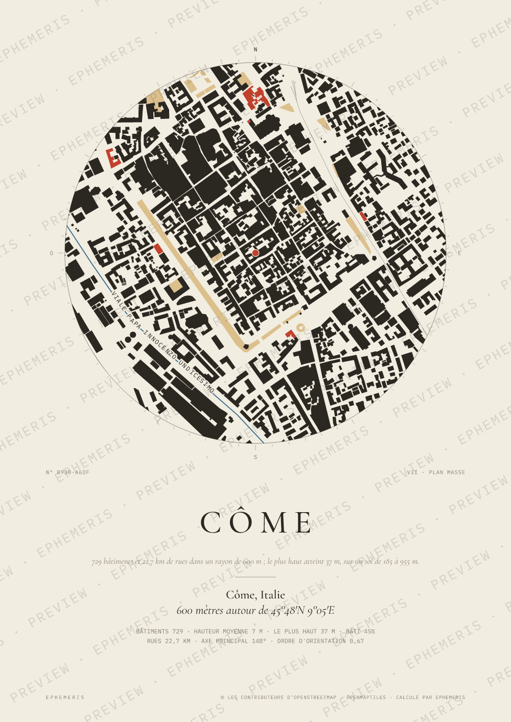 Affiche carte de Côme : la ville dessinée en plan