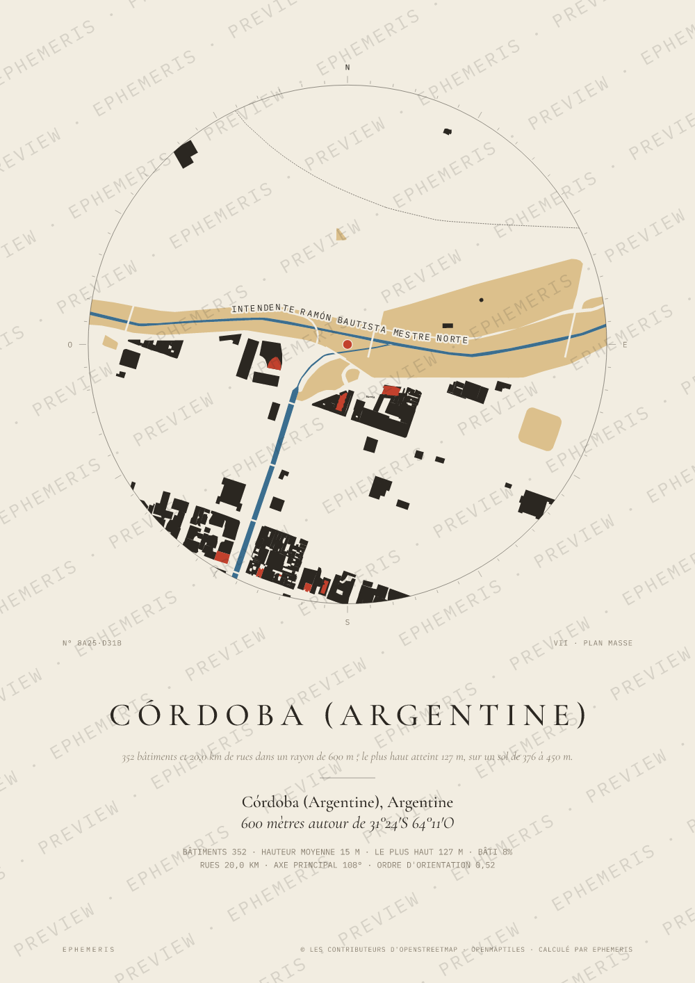 Affiche carte de Córdoba (Argentine) : la ville dessinée en plan