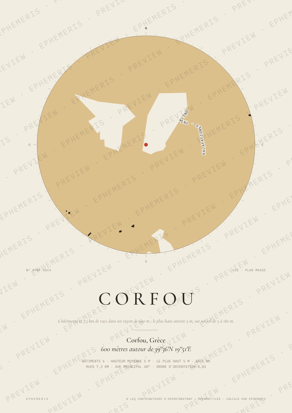Affiche carte de Corfou : la ville dessinée en plan