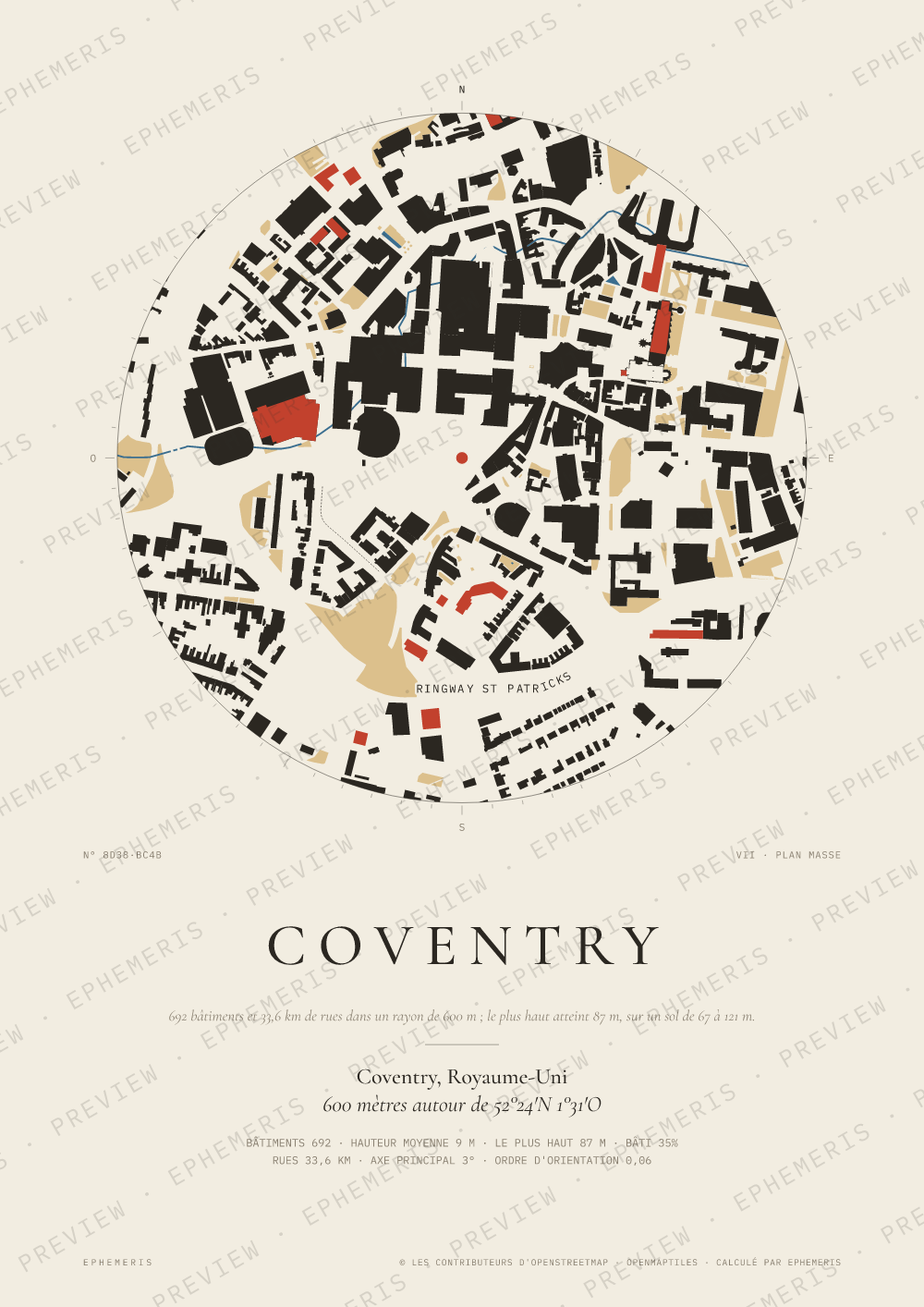 Affiche carte de Coventry : la ville dessinée en plan