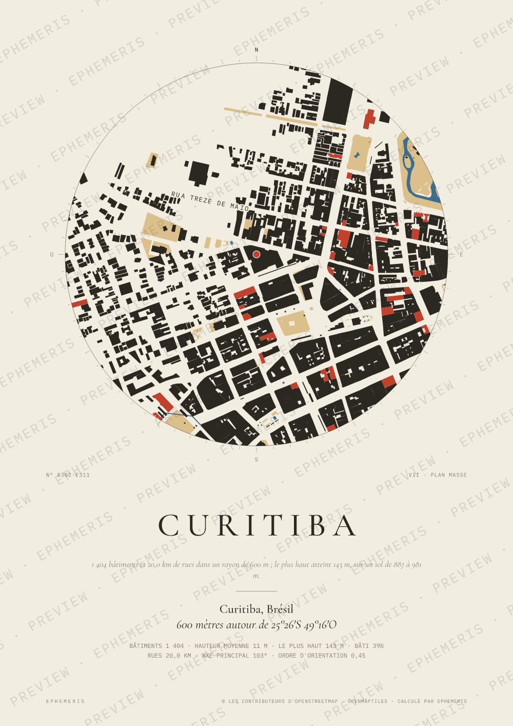 Affiche carte de Curitiba : la ville dessinée en plan