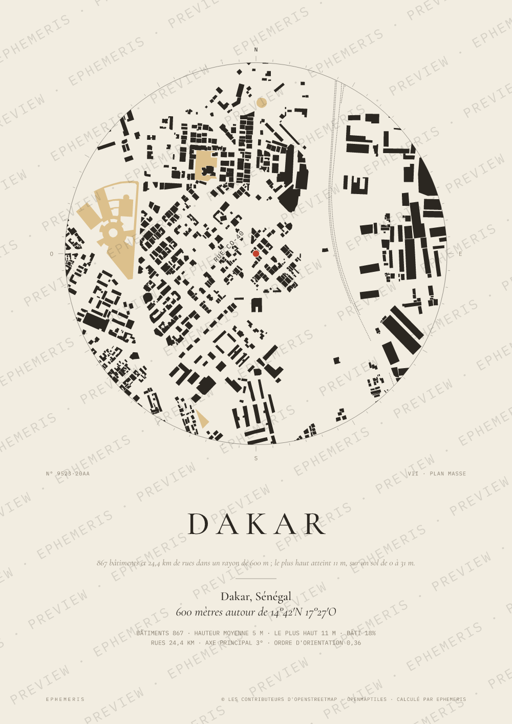 Affiche carte de Dakar : la ville dessinée en plan