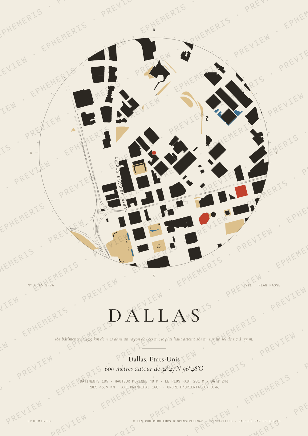 Affiche carte de Dallas : la ville dessinée en plan