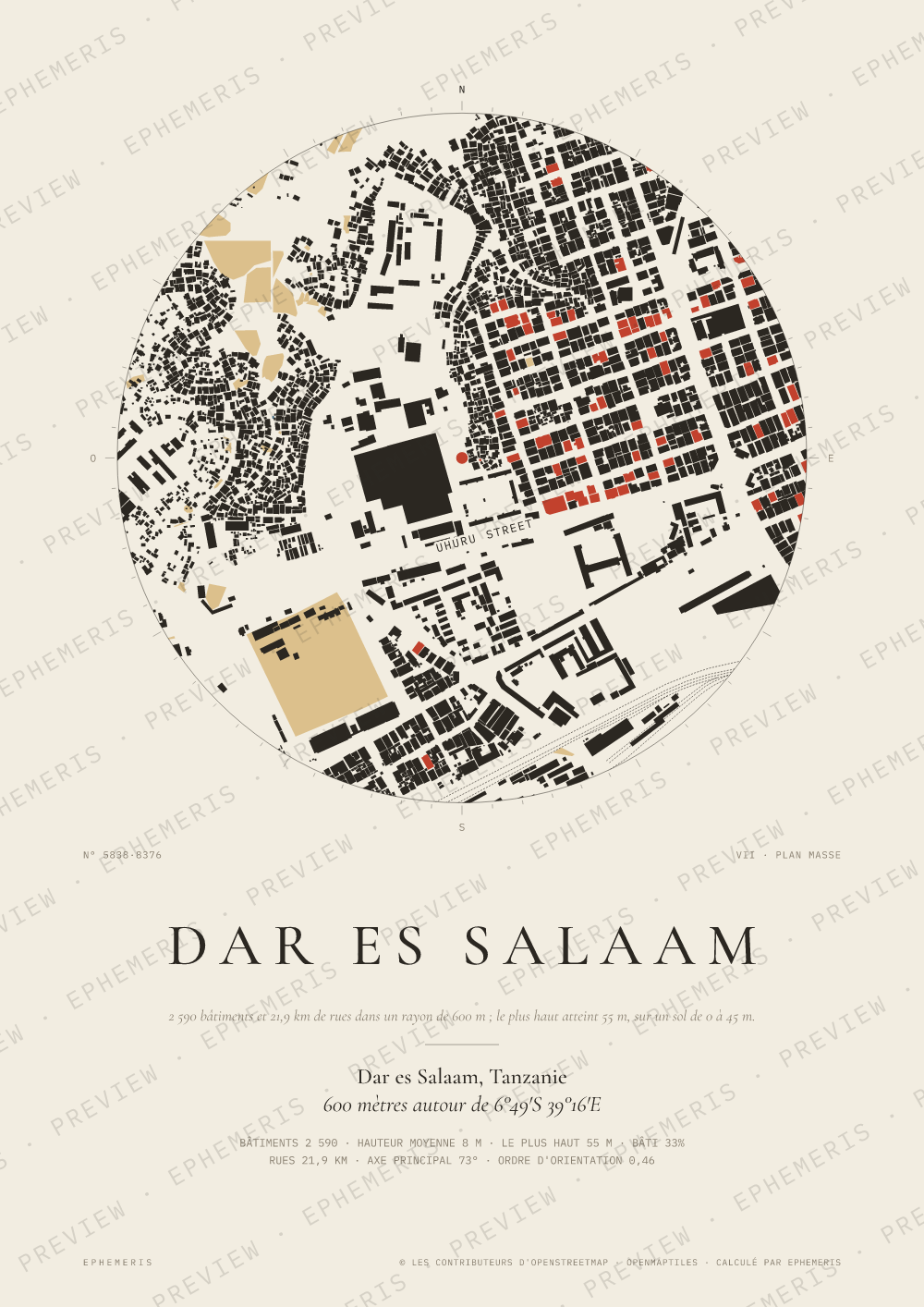 Affiche carte de Dar es Salaam : la ville dessinée en plan