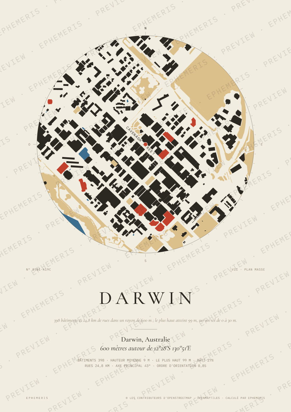 Affiche carte de Darwin : la ville dessinée en plan