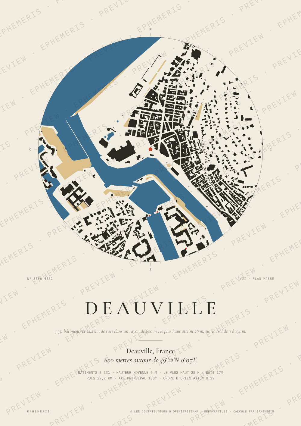 Affiche carte de Deauville : la ville dessinée en plan