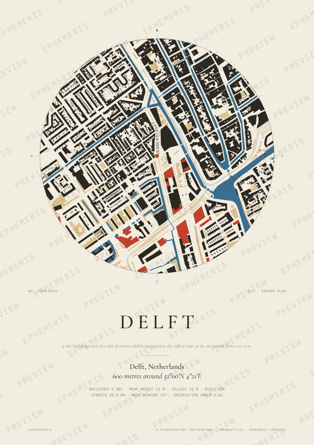 Delft map poster: the city drawn as a plan