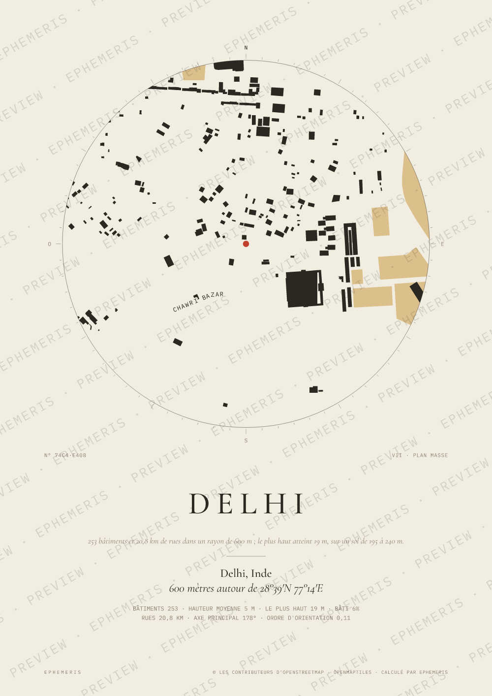 Affiche carte de Delhi : la ville dessinée en plan