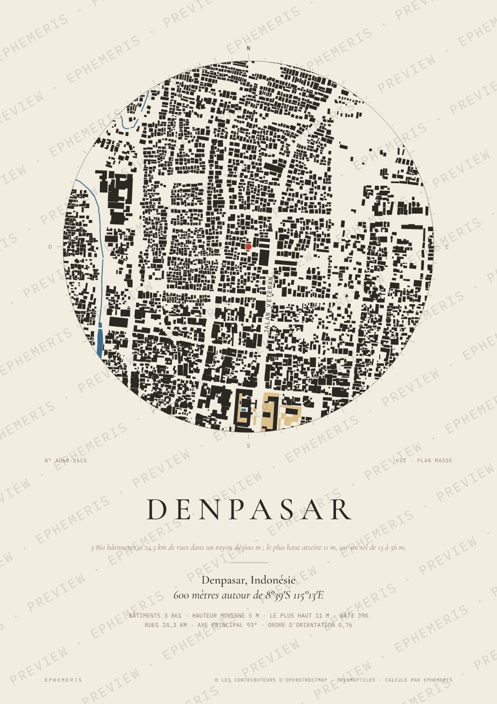 Affiche carte de Denpasar : la ville dessinée en plan