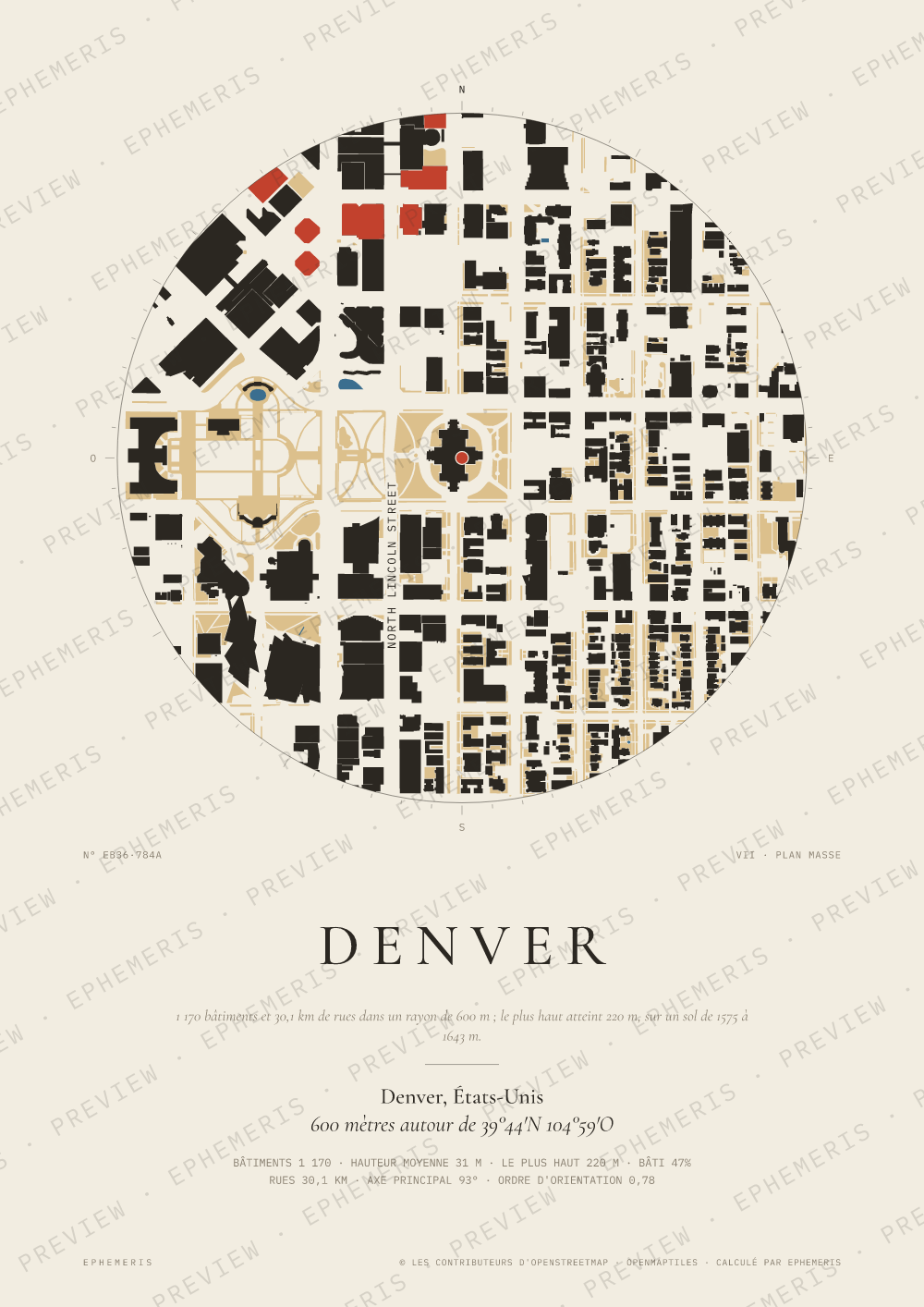Affiche carte de Denver : la ville dessinée en plan