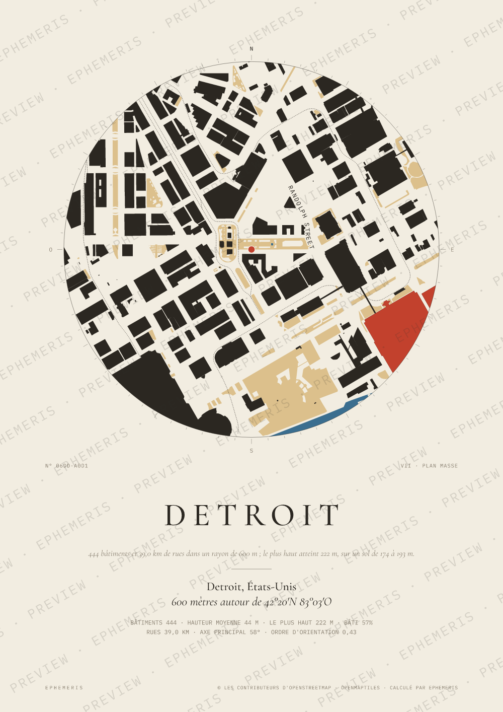 Affiche carte de Detroit : la ville dessinée en plan