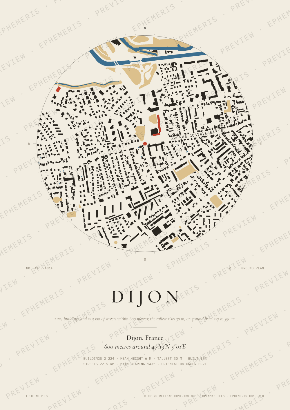 Dijon map poster: the city drawn as a plan