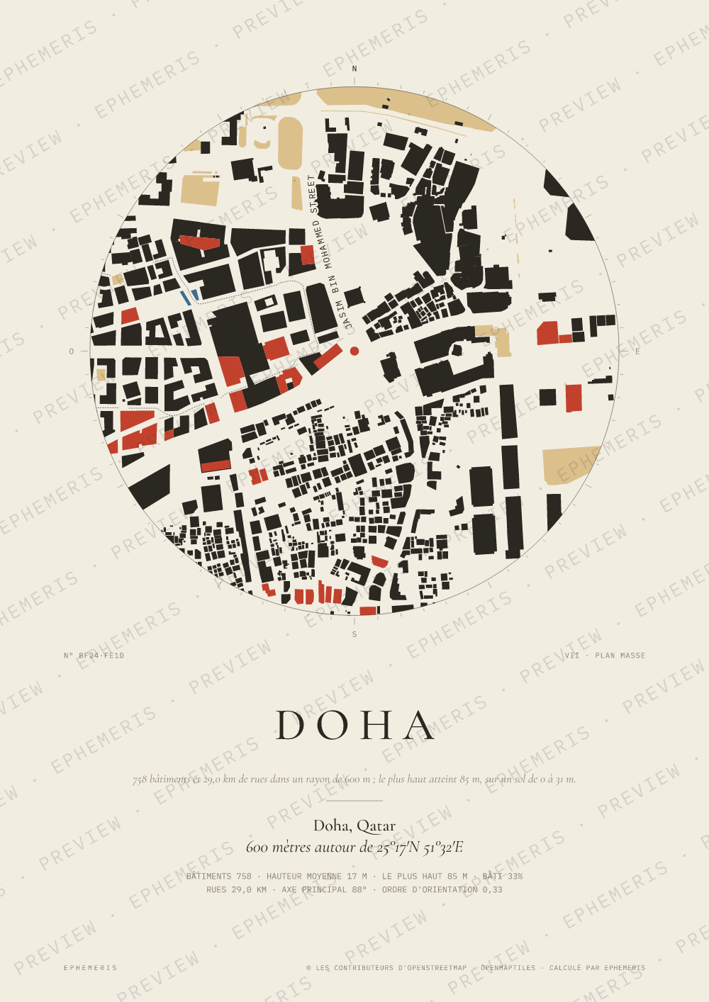 Affiche carte de Doha : la ville dessinée en plan
