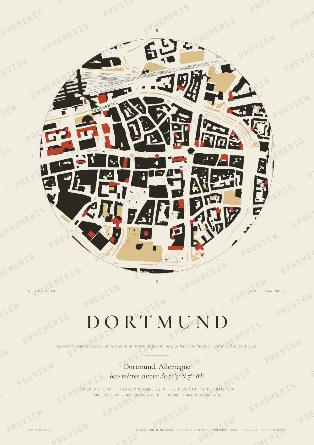 Affiche carte de Dortmund : la ville dessinée en plan