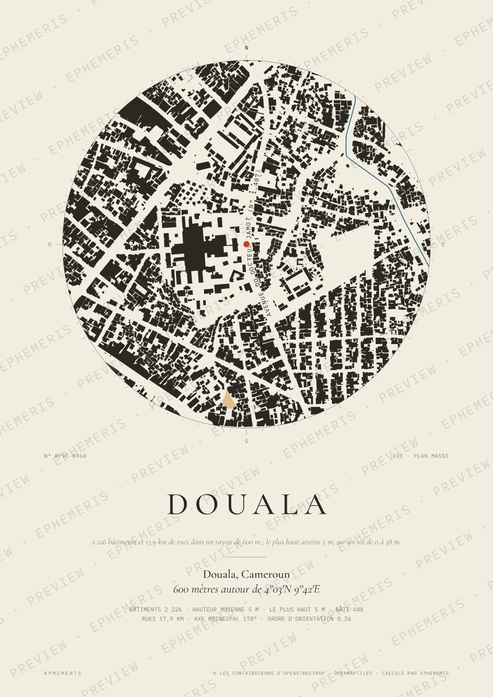 Affiche carte de Douala : la ville dessinée en plan